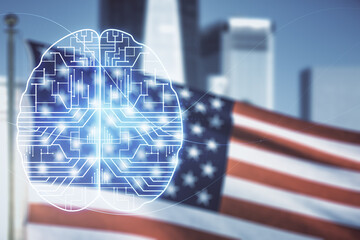 Double exposure of creative artificial Intelligence interface on USA flag and blurry skyscrapers...
