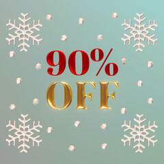 90% off discount promotion sale for ads, poster, banner, Labels,  Stickers, Tags, Web, New offer. Discount badge with snowflakes on blue background, 3d render. 