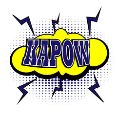 Kapow comic book speech bubble, loud explosion sound effect. Superhero. Halftone