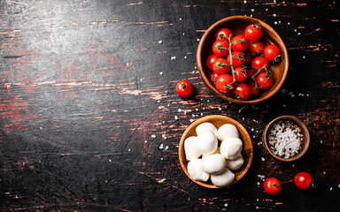 Mozzarella cheese with tomatoes and spices in bowls on the table.