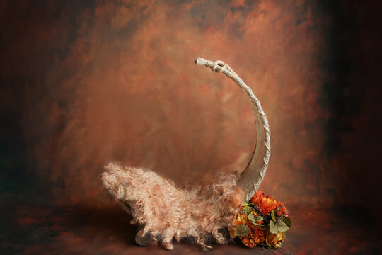 Newborn composite rust red orange Autumn color background backdrop with rustic boho moon flowers and fur flokati