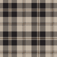 Beige and black tartan plaid. Scottish pattern fabric swatch close-up. 