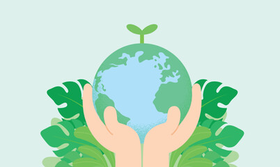 International Earth Day or World environment celebration vector illustration. Concept of environment protection, ecology, eco-friendly green behavior and protection of nature. Hands holding Earth.