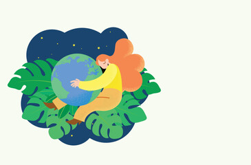 Happy Earth Day or World environment day celebration vector  illustration. Concept of ecology, eco-friendly behavior, protection of nature and environment. Woman holding the globe in a starry sky.