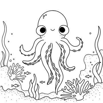 Underwater scene with cute octopus in line art style. Kawaii character design. Printable colouring page for children. Ready to print black and white image.