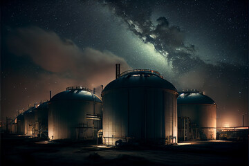 Pipes, oil storage tanks, pipelines of a petrochemical plant at night.