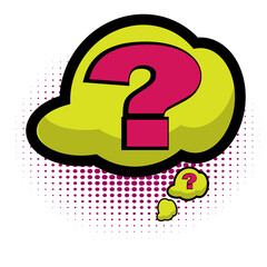 Question mark comic book speech bubble, loud explosion sound effect. Superhero. Halftone
