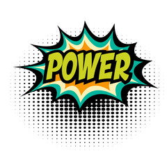 Power comic book speech bubble, loud explosion sound effect. Superhero. Halftone