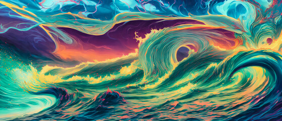 An abstract painting depicts a wave of the sea against a backdrop of a burning sky.  The contrast creates a sense of tension. Generative AI