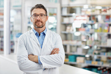 Portrait, pharmacy, and proud pharmacist man for medicine, wellness and drugs or retail industry services. Trust, values and mission of medical professional worker in shop, store or clinic about us - obrazy, fototapety, plakaty