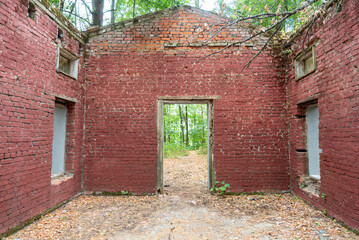 Fototapeta na wymiar A ruined, brick building in a summer forest, an old and unnecessary building.