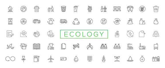 Naklejka na ściany i meble Eco friendly related thin line icon set in minimal style. Linear ecology icons. Environmental sustainability simple symbol