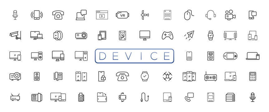 Device and technology line icon set. Electronic devices and gadgets, computer, equipment and electronics. Computer monitor, smartphone, tablet and laptop sumbol collection