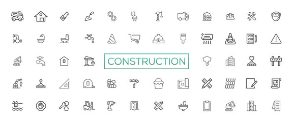 Building and Construction Icon Pack &ndash; Professional Industry, Tools, Engineering, Safety, Worker, Blueprint &ndash; Vector, Minimal, Outline, Line, Illustration