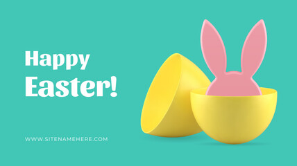 Happy Easter banner template design rabbit ears hiding in egg half realistic vector illustration