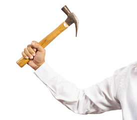 Hand Holding a hammer isolated on white background, Hand Holding a hammer on White Background PNG file.