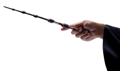 Hand holding Magic wand Wizard tool  on white background PNG File.