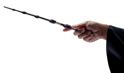 Hand holding Magic wand Wizard tool  on white background PNG File.