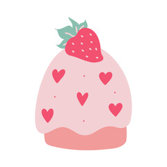 Doodle sweet strawberry cupcake with hearts vector illustration. Cute romantic Valentines day hand drawn cake isolated on white.