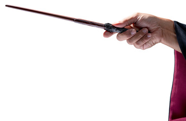 Fototapeta premium Hand holding Magic wand Wizard tool on white background PNG File.