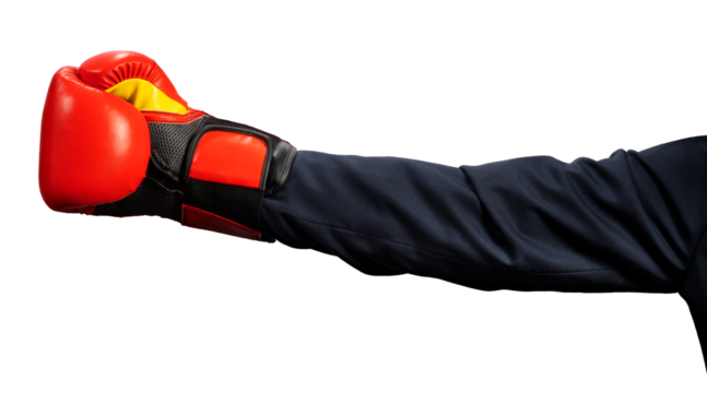 Businessman hand wearing boxing glove on white background, Hand wearing boxing glove on black Background PNG File.