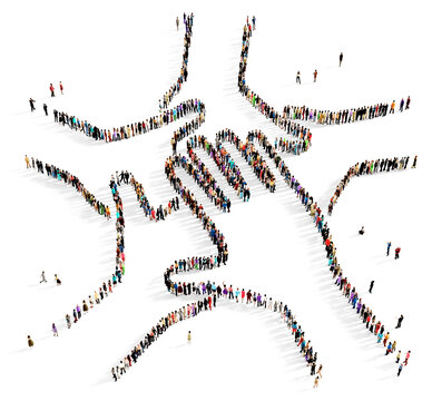 Large group of multiracial people gathered together in the shape of hands put together, teamwork concept, top view, on transparent background