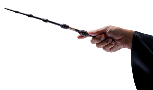 Hand holding Magic wand Wizard tool  on white background PNG File.