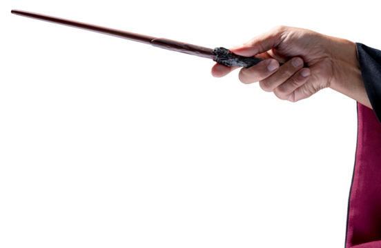 Hand holding Magic wand Wizard tool  on white background PNG File.
