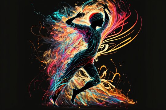 Neon dancers with fire in the dark, figurative art, dynamic pose, flickering light, Illustration, Generative AI
