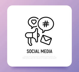 Social media marketing thin line icon: megaphone with speech bubbles that contains hashtag, e-mail, heart. Digital strategy. Vector illustration.