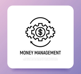 Fototapeta premium Money management thin line icon. Investment, financial circulation, financial operating, income from funds. Gear with arrows. Vector illustration.