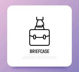 Fototapeta premium Briefcase in hand thin line icon. Symbol of portfolio. Vector illustration.