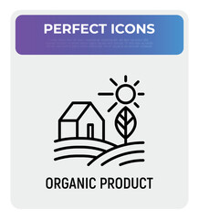 Fototapeta premium Organic product thin line icon. Farmer's house in field. Modern vector illustration.
