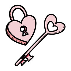Heart shaped key and lock symbols of love for anniversary, wedding. Padlock vector illustration for Valentines Day.