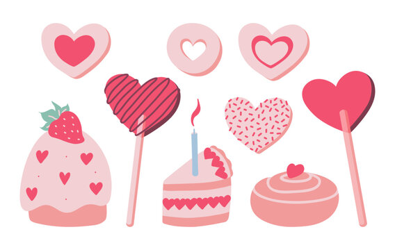Hand drawn heart shaped valentines set of romantic sweets vector illustration. Cute cupcake, cookies, lollipop, cinnamon roll doodles collection for anniversary and wedding.