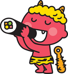 恵方巻きにかぶりつく子どもの赤鬼