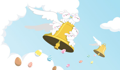 Easter celebration vector illustration. Easter bells with wings  flying in the sky pouring eggs. Easter bunnies sitting on giant flying bells. Christian tradition of Easter bells bringing eggs.