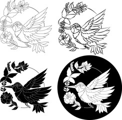 Beautiful line art Humming bird vector.Hummingbird in circle.