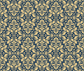 Floral pattern. Vintage wallpaper in the Baroque style. Seamless vector background. Gold and dark blue ornament for fabric, wallpaper, packaging. Ornate Damask flower ornament
