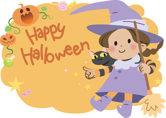 Little witch with black cat Halloween card vector