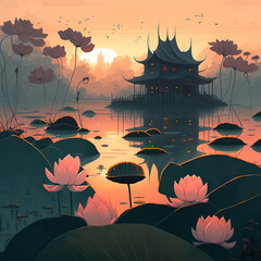 illustration lotus lake in the fog at dawn