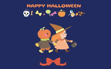 Halloween card. Pumpkin boy and little witch holding hands. Halloween candies. Halloween children.  Children group asking for candies during Halloween.