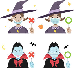 How to correctly wear a mask during Halloween. Protecting yourself from coronavirus. A witch and a vampire show how to wear a mask.