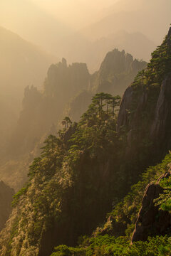 Sunrise in the morning fog, taken at the top of Mount Huang(Guangming top), Huangshan, Hefei, China.