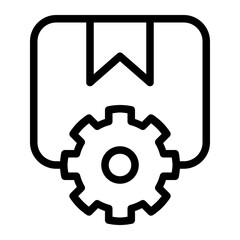Isolated package with gear in outline icon on white background. Cardboard box, product, cogwheel, development, logistic