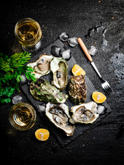 Fresh oysters with greens. On a black background.