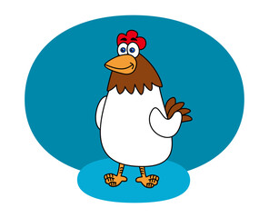 Illustration of a white farm hen with blue rounded background 