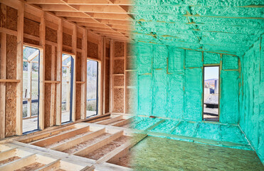 Photo collage before and after thermal insulation room in wooden frame house in Scandinavian style...
