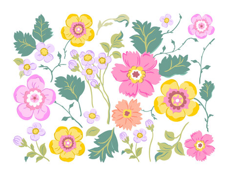 Seamless pattern with delicate pink, yellow and purple flowers on a white background. Romantic floral print, botanical composition with large flower buds, leaves, branches.