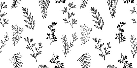 Seamless vector pattern in black and white with wild flowers, branches and leaves for print, design, wrapping paper, covers and wallpapers